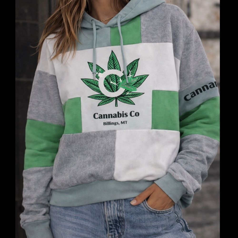 Green and Gray Cannabis Patchwork Upcycled Handmade Hoodie Sweatshirt